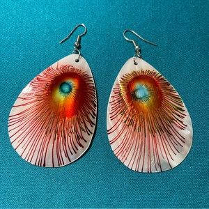 Vintage Hand Painted Peacock Feathers Shell Teardrop Dangle Earrings
